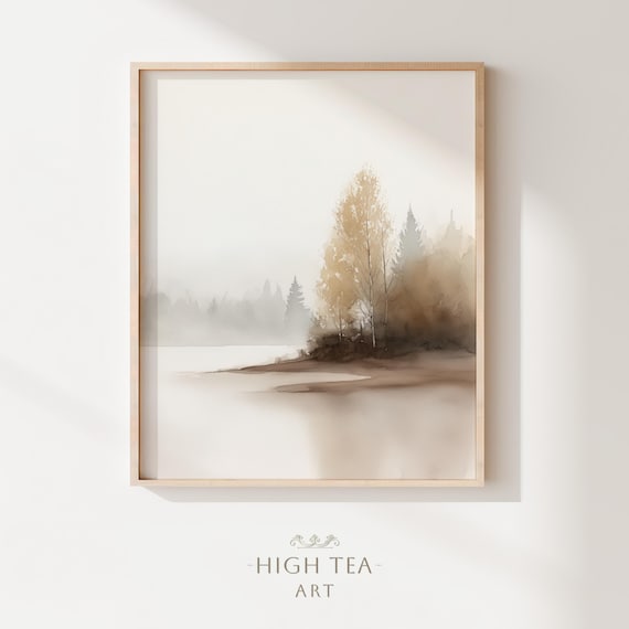 Vintage Nature Watercolor Painting Digital Download Art Print Printable Neutral Tones Calm Lake Muted Serene Lakeside Wall Decor | #HTA_405