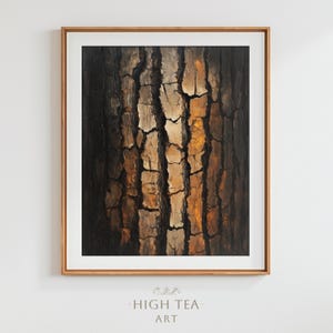 Op de afbeelding: Een ingelijst abstract schilderij van een boomschorstextuur in tinten bruin, zwart en goud.