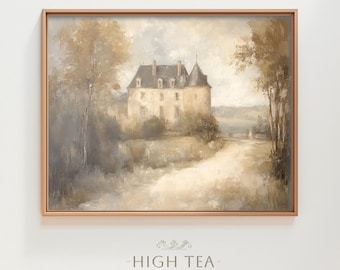 Vintage French Chateau Oil Painting Muted Countryside Landscape Manor Print Peaceful Printable Art Digital Art Download Decor | #HTA_190