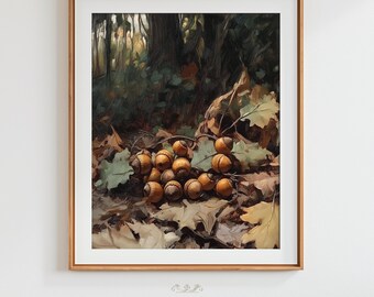 Gedämpfte Neutral Eicheln Laubwald Boden Ölgemälde Digital Download Kunstdruck Druckbare Herbstblätter Natur Erdige Bäume | #HTA_189