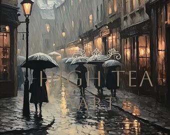 ヴィンテージの雨のヨーロッパの街の油絵、落ち着いた落ち着いた石畳の