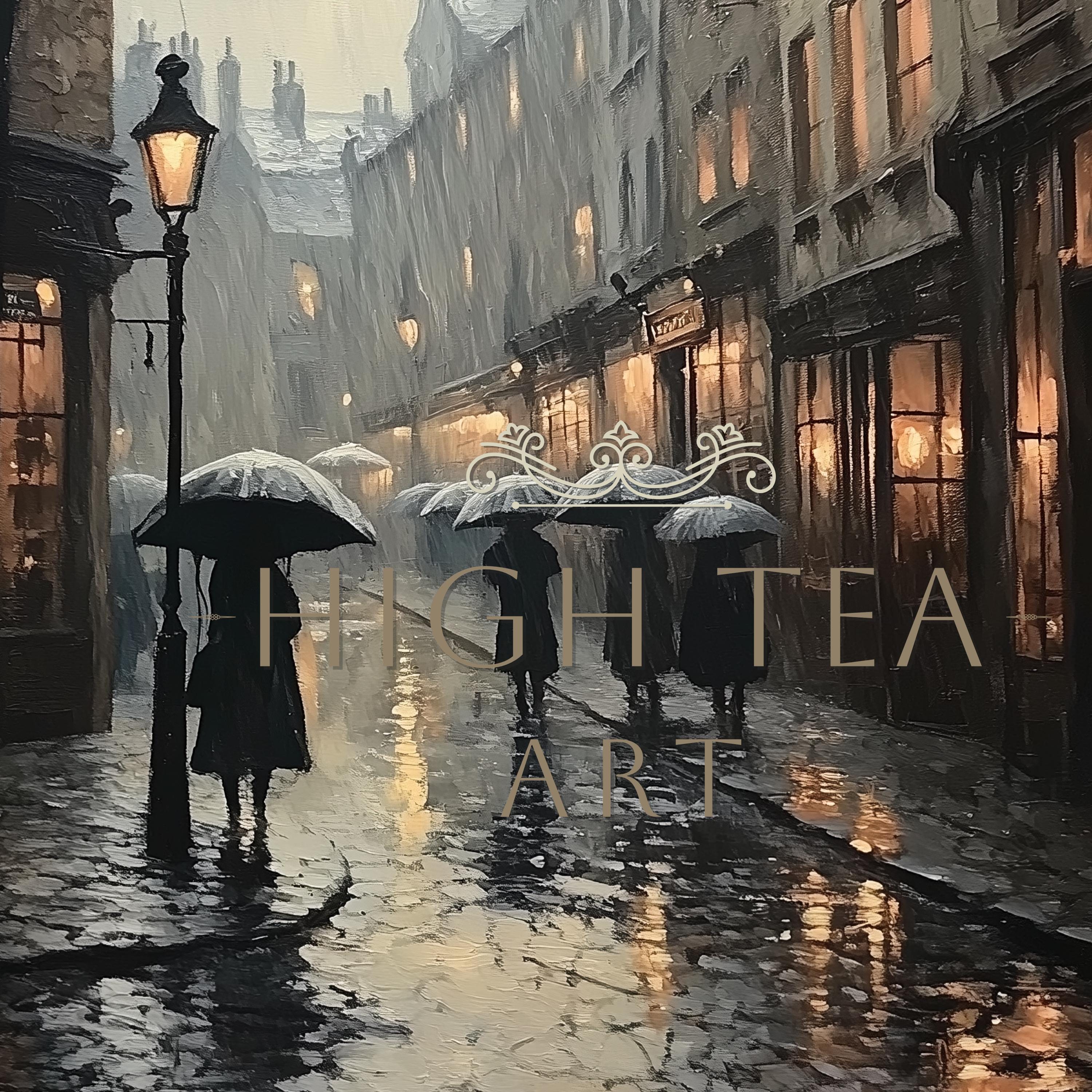 ヴィンテージの雨のヨーロッパの街の油絵、落ち着いた落ち着いた石畳の