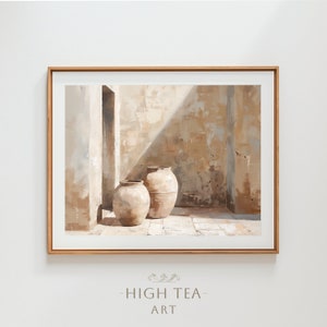 Utskrivbar antik lerkruka antik keramik oljemålning digital konsttryck dämpad vintage neutral rustik heminredning torr tegelsten | #HTA_038