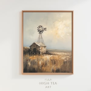 Printable countryside landscape oil painting digital art print rustic charm farmhouse vintage neutral muted grain windmill mill | #HTA_103