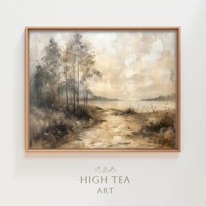 Oil Painting Vintage Country Landscape Art Print - Lake, Trees, Rustic Neutral Wall Decor, Digital Download, Muted Beige Decor | #HTA_211