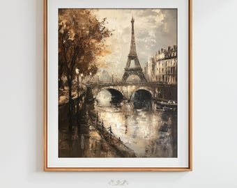 Abstract Vintage Paris City Oil Painting Digital Download Art Print Printable Antique Neutral Parisian Rustic Charm Eiffel Tower | #HTA_238