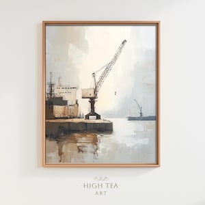 Rustic Crane Dock Oil Painting Digital Download Art Print Printable Neutral Ship Loading Cargo Port Industrial Wall Decor | #HTA_305