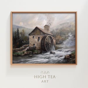 Printable countryside landscape oil painting digital art print rustic farmhouse vintage neutral watermill wheel muted home decor | #HTA_106