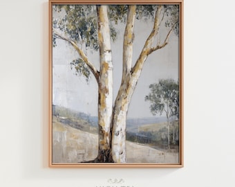 May include: A framed landscape painting featuring a large tree with white bark and green foliage. The artwork has a neutral color palette with beige, gray, and green tones. The painting is in a gold-colored frame. The text "HIGH TEA - ART" is at the bottom.