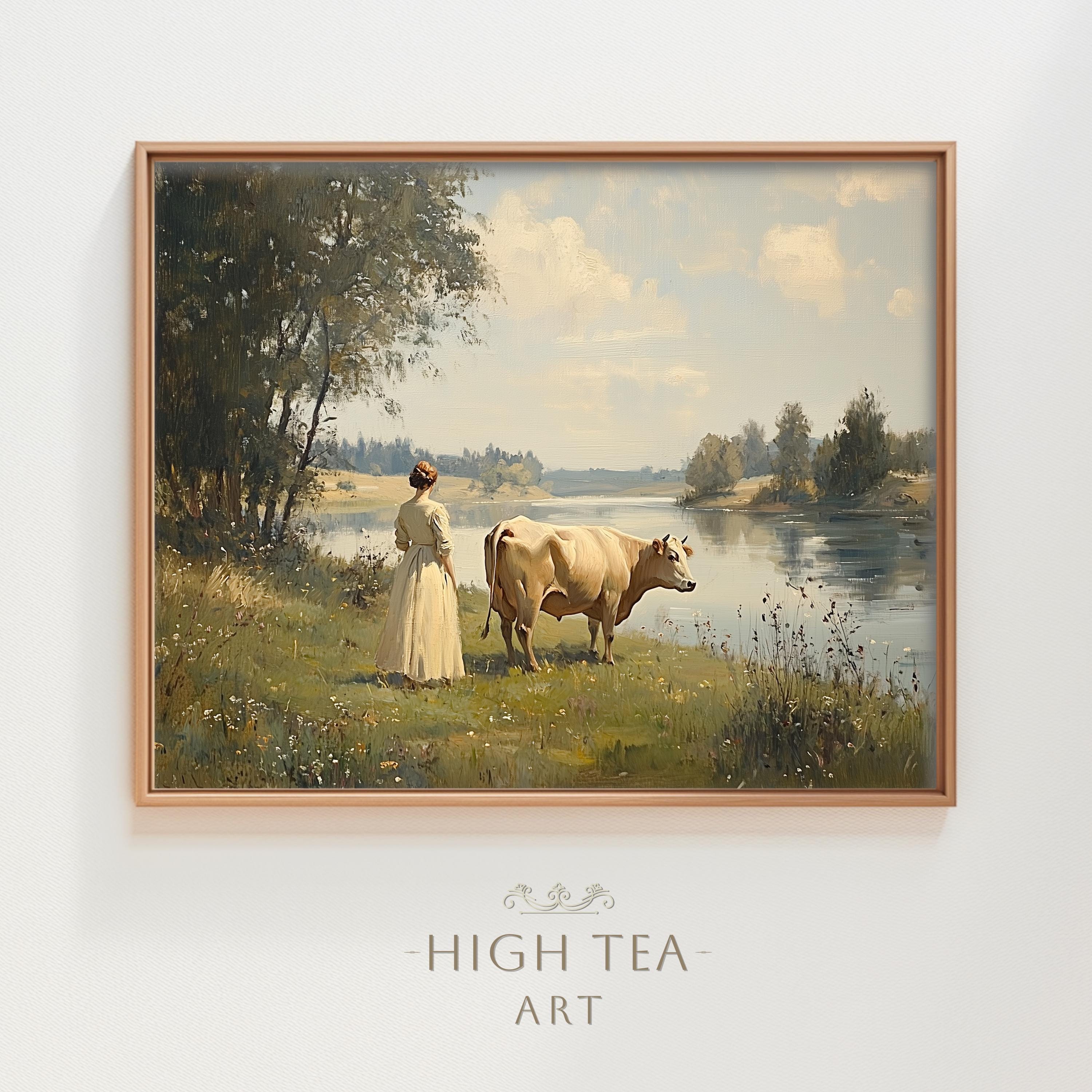 牛と水辺の風景 油彩画 Amazon.co.jp: 絵画 川のほとりに佇む雄大な水牛 アートパネル