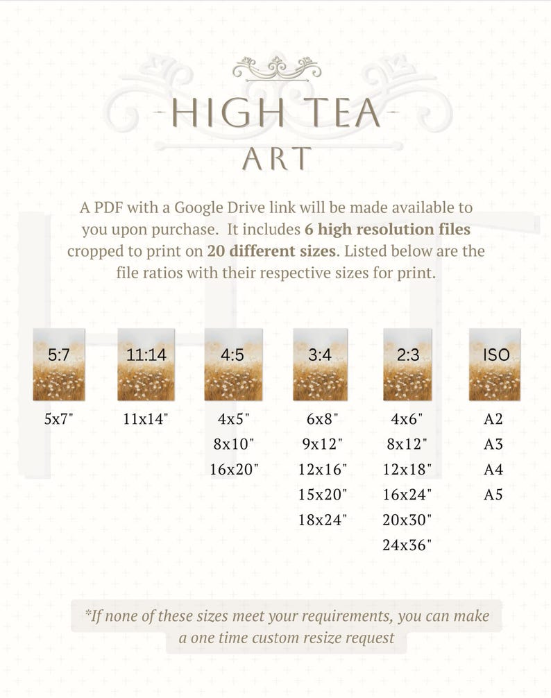 May include: A chart showing different aspect ratios and corresponding print sizes for digital art prints. The chart includes sizes like 5x7 inches, 11x14 inches, 4x6 inches, and ISO paper sizes like A2, A3, A4, and A5. The text "HIGH TEA ART" is at the top of the chart.