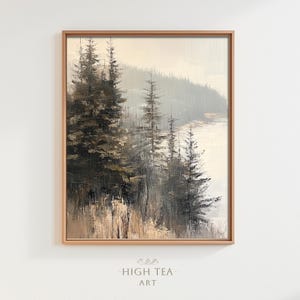 Vintage Forest Lake Oil Painting Digital Download Art Printable Pine Trees Neutral Lakeside Print Muted Nature Wall Decor | #HTA_335