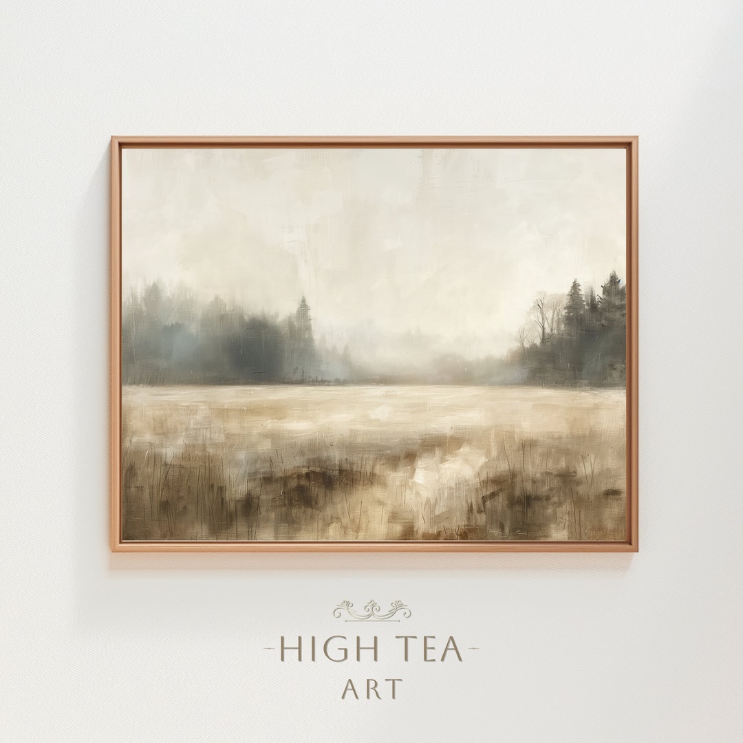 Vintage Moody Countryside Farmhouse Field Oil Painting Print | Neutral ...