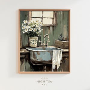 May include: A vintage-style painting of a farmhouse kitchen sink with a white towel hanging over the edge. A vase of white daisies sits on the counter next to the sink.