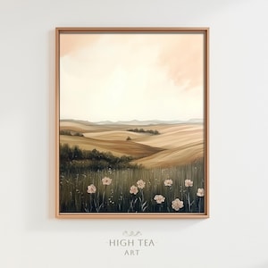 Vintage Country Landscape Oil Painting Digital Download Art Printable Countryside Field Wildflowers Print Rolling Hills Decor | #HTA_342