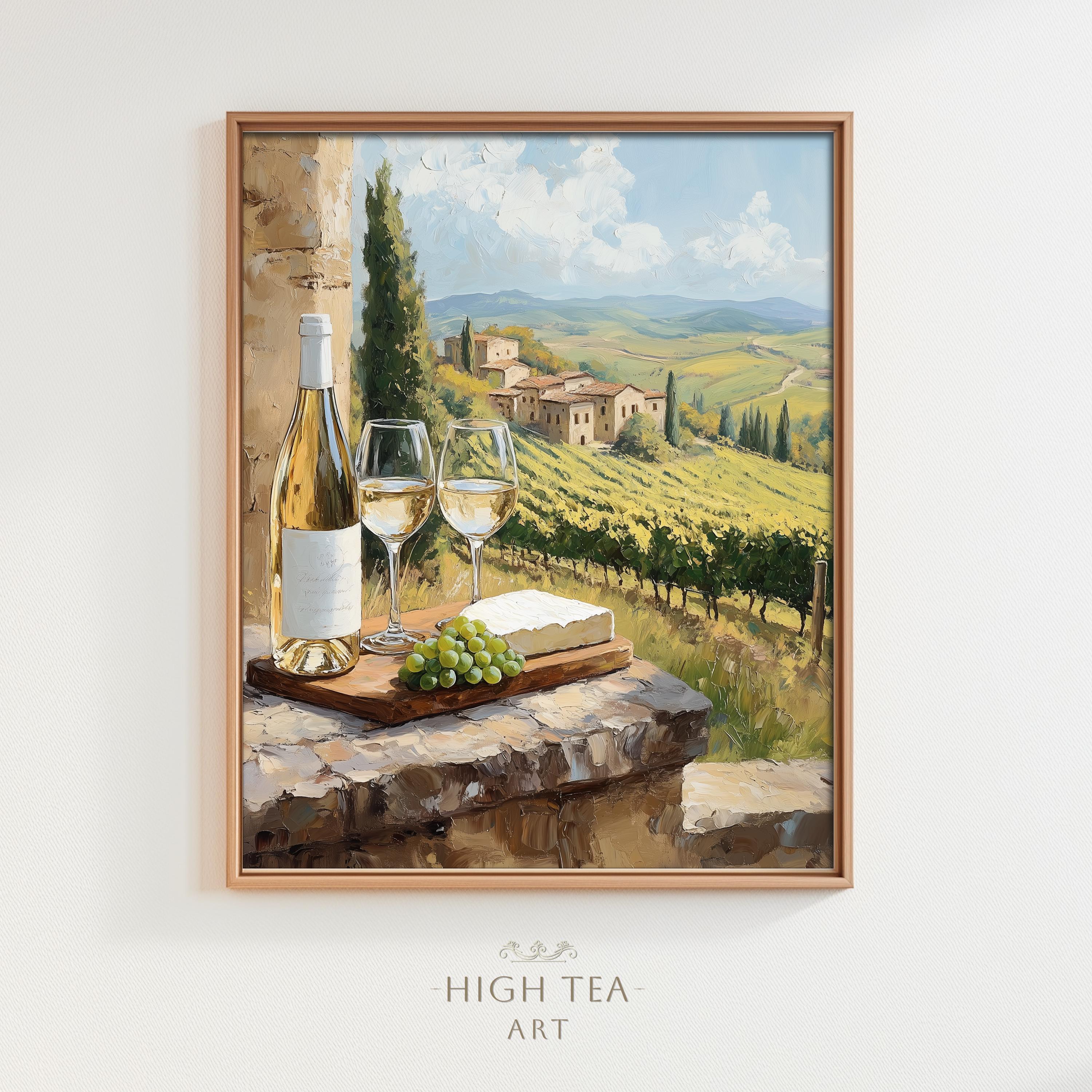 Vintage Tuscan Vineyard Valley White Wine Oil Painting Digital