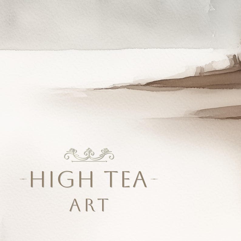 Op de afbeelding: Aquarel kunstafdruk met een neutraal kleurenpalet. Het kunstwerk toont zachte, gemengde tinten beige, bruin en grijs, waardoor een sereen landschapseffect ontstaat. De woorden "HIGH TEA ART" zijn gedrukt in een schreefletter onder een decoratief krulwerk.