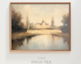 Vintage Chateau Oil Painting Digital Download Art Printable Countryside Landscape Manor Neutral Muted Country Pond Print | #HTA_347