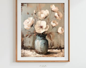 Fascino rustico Fiori bianchi Vaso Pittura a olio Download digitale Stampa artistica Stampabile Peonie vintage Decorazione da parete botanica / #HTA_276