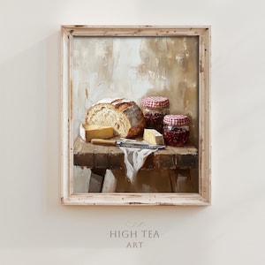 Puede incluir: Una pintura que representa una naturaleza muerta con una hogaza de pan, dos tarros de mermelada y queso sobre una mesa de madera. El fondo es de color marrón claro.