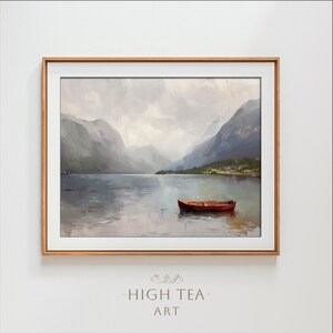 Printable fjord countryside landscape oil painting digital art print rustic neutral lake mountains muted fishing boat moody | #HTA_095