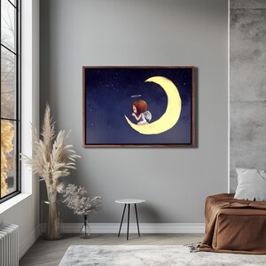 Angel Girl Praying On The Moon Canvas Wall Art, Classic Canvas Art, Home Decor Canvas, Housewarming Gifts, Modern Canvas Wall Decor