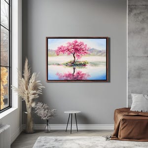 Sakura Tree By The Lake Oil Painting Look Canvas Wall Art, Large Wall Hanging, Classic Canvas Art, Framed Canvas Wall Art, Canvas Wall Art