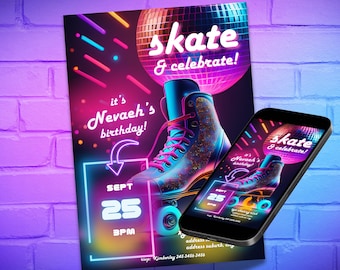 Roller Skating Birthday Digital Invitation Girls DIY Printable Editable Download Retro Roller Skate Party Invite, Neon Skating, Disco Ball