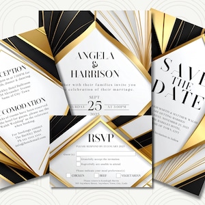 Art Deco Wedding Invitation Bundle | Gatsby Style 1920&#39;s Templates | Black White Gold | Save the Date, RSVP, Details Card | Editable