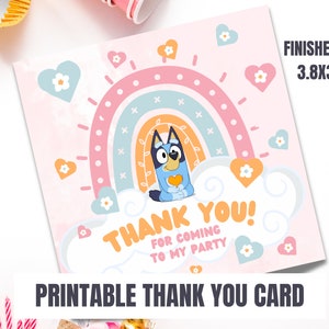 Fiesta de cumpleaños de niña gracias, cumpleaños imprimible, plantilla de invitación de agradecimiento de perro azul, descarga instantánea, tarjeta de agradecimiento imprimible