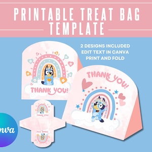Mädchen Geburtstag Leckerli Beutel Vorlage, druckbare Geburtstag Favor Box, digital druckbare Vorlage, rosa Mädchen, blauer Hund, Süßigkeiten Tasche SOFORTIGER DOWNLOAD