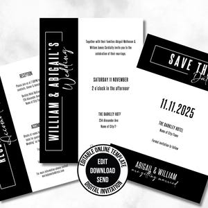 Minimalist Black and White Wedding Invitation Bundle, Save the Date, Details Card. Digital, Editable, Wedding Save the Date, Invitation