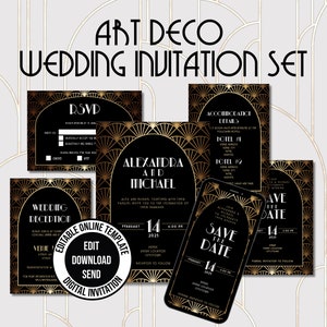 Art Deco, 1920&#39;s Wedding Invitation Template Bundle, Wedding Template. Black and Gold invite. Digital, Editable, Printable Invite Templates.
