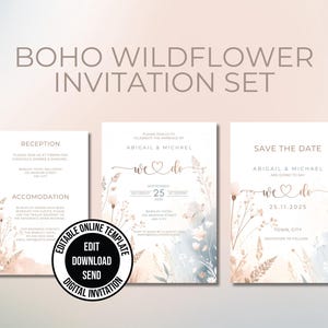 Boho Wildflower Wedding Invitation Template Bundle, Save the Date, Details Card. Digital, Editable, Boho, Floral, Wildflowers Invitation