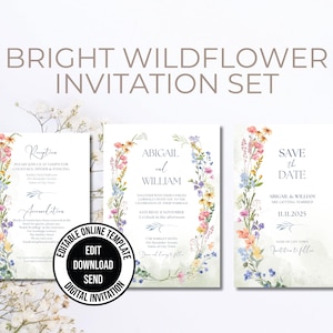 Bright Boho Wildflower Wedding Invitation Bundle, Save the Date, Details Card. Digital, Editable, Boho, Floral, Wildflowers Invitation