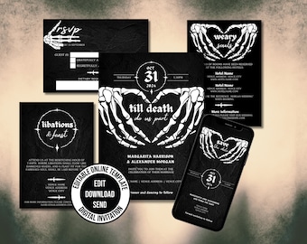Gothic Wedding Invitation Template Bundle, Skeleton Wedding Invitation Halloween Wedding, Till Death Do Us Part Editable Invitation