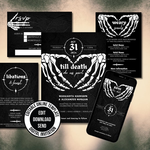 Gothic Wedding Invitation Template Bundle, Skeleton Wedding Invitation Halloween Wedding, Till Death Do Us Part Editable Invitation