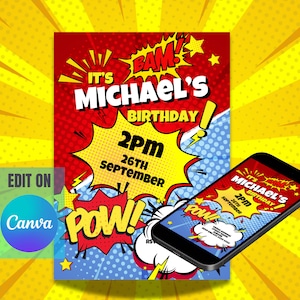 Superhero Comic Book Birthday invitation. Fun comic invite, Boy Party, Superhero Birthday, Boy Birthday Invite. INSTANT DOWNLOAD Editable