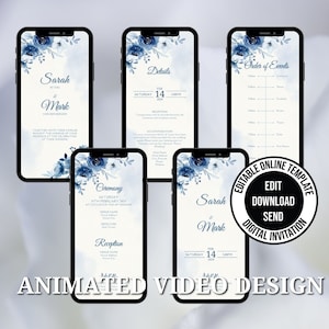 Plantilla de vídeo de invitación de boda floral azul / Invitación de fiesta electrónica / Plantilla de invitación digital / Evite, Boda editable y elegante