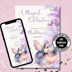 Redigerbar älvfödelsedagsinbjudan Nyckfull förtrollad älvälvfest Magisk älvprinsesskalas Direktnedladdning Redigerbar inbjudan Undvik