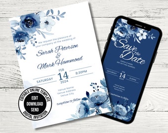 Blaue Blumenhochzeitseinladung und Save the Date, Hochzeitseinladung Vorlage. SOFORTIGER DOWNLOAD. Digitale, bearbeitbare, druckbare Einladungen.