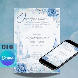 Invito di compleanno della principessa delle fiabe, principessa, Cenerentola blu, invito alla festa principessa, invito alla festa blu, modello digitale del castello