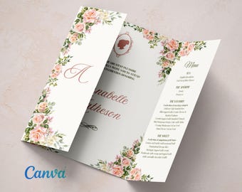 Vintage High tea Invitation. Pink Roses Birthday Invitation, Bridal Shower, High Tea Printable Trifold Invitation Template, Folded Invite