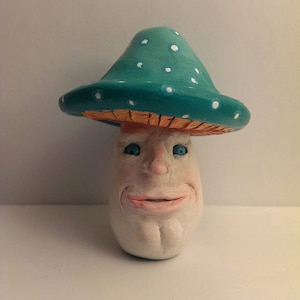 Smiling Mushroom/ Polymer Clay Mushroom/ Garden Decor Mushroom Sculpture/ Sculpey Mushroom
