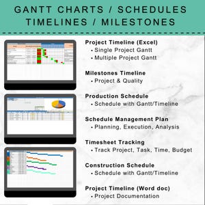 May include: An image with the text "GANTT CHARTS / SCHEDULES TIMELINES / MILESTONES". The image shows three computer screens displaying project management charts, including Gantt charts and timelines. The text lists project timeline options.