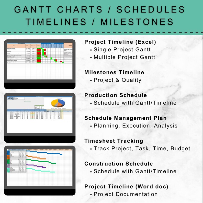 May include: An image with the text "GANTT CHARTS / SCHEDULES TIMELINES / MILESTONES". The image shows three computer screens displaying project management charts, including Gantt charts and timelines. The text lists project timeline options.