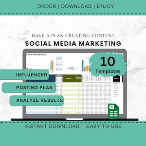 Op de afbeelding: Een laptopscherm met een social media marketing sjabloon met 10 sjablonen, een dashboard en een postplanning. De tekst "HAVE A PLAN CREATING CONTENT SOCIAL MEDIA MARKETING" staat bovenaan het scherm. De tekst "10 Templates" staat in een groene cirkel aan de rechterkant van het scherm. De tekst "E WITH DASHBOARD" staat linksboven op het scherm. De tekst "INFLUENCER", "POSTING PLAN" en "ANALYZE RESULTS" staat in vakken aan de linkerkant van het scherm. De tekst "INSTANT DOWNLOAD | EASY TO USE" staat onderaan het scherm.