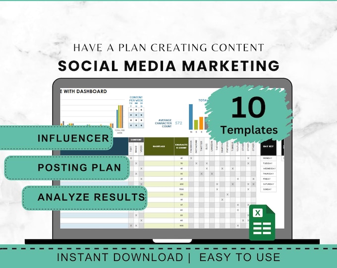 Social Media Template Content Calendar Marketing Planner Business Tool Excel Bundle Digital Instagram Facebook Tracker Small Business