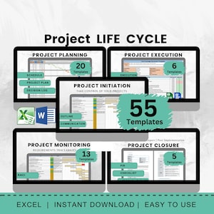 May include: A graphic showing the project life cycle with five stages: Project Planning, Project Initiation, Project Execution, Project Monitoring, and Project Closure. Each stage has a number of templates associated with it, with a total of 55 templates. The graphic also includes the text "Excel | Instant Download | Easy to Use".