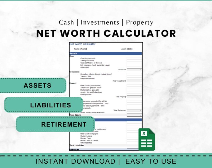 Net Worth Tracker for Microsoft Excel, Net Worth Calculator Dashboard, Assets & Liabilities Template, Personal Finance Planner